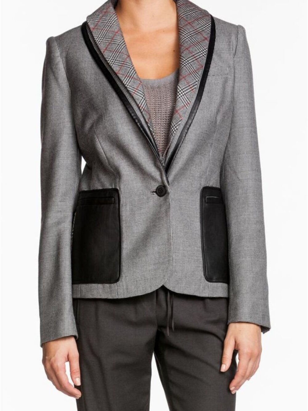 LAMB Mixed Media Check Jacket Blazer Black Grey Gray Checkered Leather Wool NEW